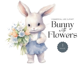 May include: A watercolor illustration of a white bunny holding a bouquet of flowers. The bunny is wearing a blue overall dress and has a sweet expression. The flowers are a mix of peach, white, and blue.
