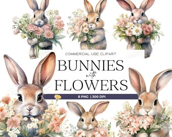 Watercolor Bunny with Flowers Clipart Pack Nursery Spring Clipart Easter Bunny Easter Clipart Transparent Pngs Floral Clipart Commercial Use