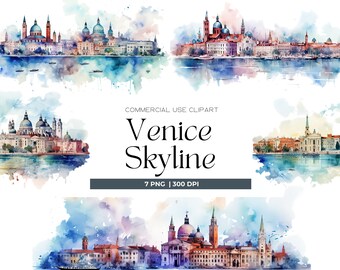 May include: Watercolor painting of the Venice skyline with colorful buildings and a reflection in the water. The painting is in a soft, dreamy style with a blue and purple color palette.
