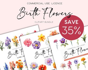 Watercolor Birth Month Flowers Clipart Bundle Digital Watercolor Birth Flower Clipart Watercolor Floral Clipart Flower Png Commercial Use