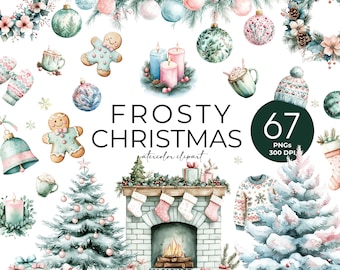 Cozy Christmas Clipart, Watercolor Xmas Clipart, Winter Bundle, Boho Christmas Png, Holiday Clipart, Christmas Wreath, Christmas Tree Png