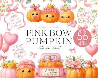 Pink Bow Pumpkin Clipart, Cute Girly Halloween, Pink Little Pumpkin, Little Pumpkin On The Way PNG Sign, Floral Boho Baby Shower Invitation