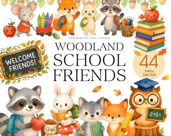 森の新学期のクリップアート、かわいい森の動物のクリップアート、森の学校、学用品、キツネ、クマ、フクロウ、シカ、本、オオカミ