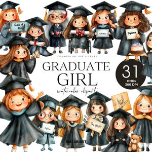 Clipart de Formanda, PNG de Formatura Fofo, Dia de Formatura em Aquarela, Formatura do Ensino Fundamental, Formanda, Diploma, Vestido de Formatura