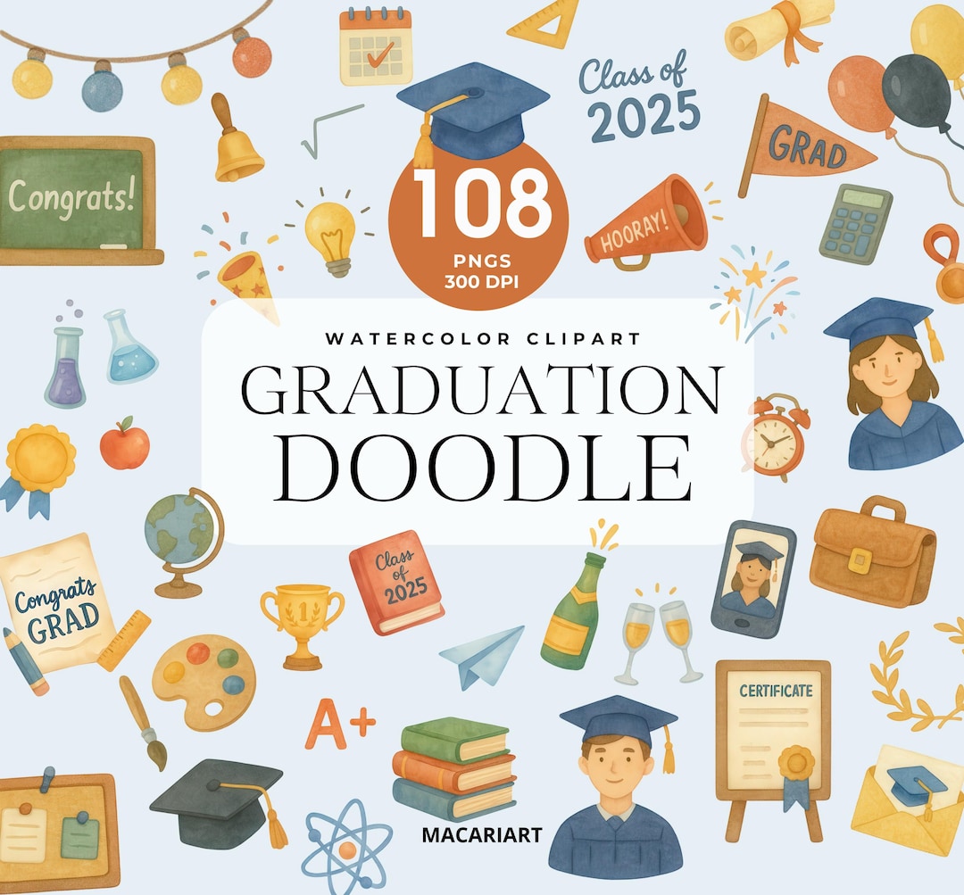 Graduation Doodle Clipart, Graduation Png, Graduation cap, Diploma ...