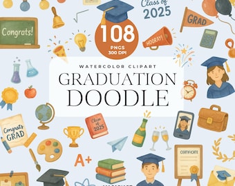 Graduación Doodle Clipart, Graduación Png, Gorro de Graduación, Diploma Doodle PNG, Graduado de la Escuela, Felicidades Graduado PNG, Clase de 2025, Toga, Sombrero