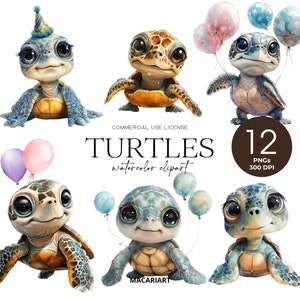 Joli bébé tortue Clipart aquarelle océan animaux chambre d'enfant tortue de mer Png Invitation fête ballons d'anniversaire bébé animaux usage Commercial