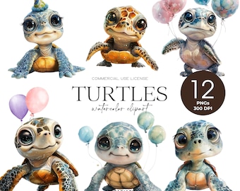 Cute Baby Turtle Watercolor Clipart Ocean Animals Nursery Art Sea Turtle Png Party Invitation Birthday Balloons Baby Animals Commercial Use
