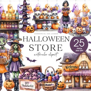 Halloween Store Clipart, Spooky Shop Front, Halloween Candy Shop, Witch, Vampire, Zombie, Ghost, Skull, Halloween Elements, Potion Bottle