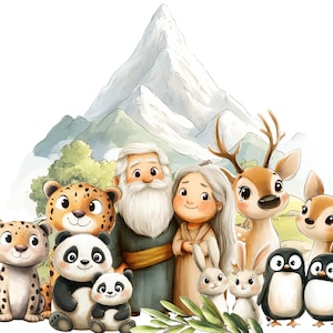K&ouml;nnte beinhalten: Eine Aquarellillustration einer Familie mit Tieren. Ein Mann mit langem wei&szlig;em Bart und eine Frau mit langen braunen Haaren stehen mit einer Gruppe von Tieren, darunter ein Leopard, ein Panda, ein Pinguin, ein Reh und ein Kaninchen. Die Familie steht vor einem Berg.