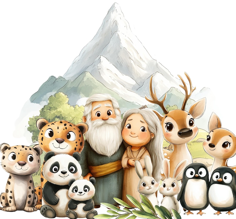 K&ouml;nnte beinhalten: Eine Aquarellillustration einer Familie mit Tieren. Ein Mann mit langem wei&szlig;em Bart und eine Frau mit langen braunen Haaren stehen mit einer Gruppe von Tieren, darunter ein Leopard, ein Panda, ein Pinguin, ein Reh und ein Kaninchen. Die Familie steht vor einem Berg.