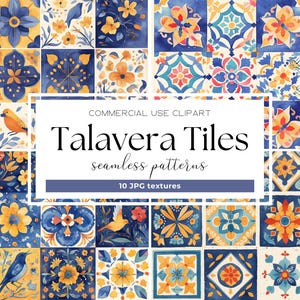 メキシコのタラベラタイル、ホームデコレーションモザイク、水彩画のカラフルなタイル、メキシコの民芸品、セラミックタイル、青と白のタイルパターンのデジタルペーパー