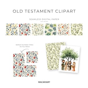 May include: Digital paper pack with Old Testament themed illustrations. The pack includes five different seamless patterns featuring pomegranates, olive branches, and floral designs. The patterns are 14 inches by 14 inches. There is also an illustration of a group of people standing under a tree.