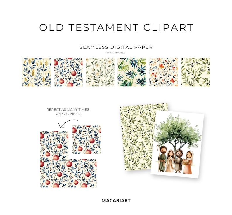 May include: Digital paper pack with Old Testament themed illustrations. The pack includes five different seamless patterns featuring pomegranates, olive branches, and floral designs. The patterns are 14 inches by 14 inches. There is also an illustration of a group of people standing under a tree.