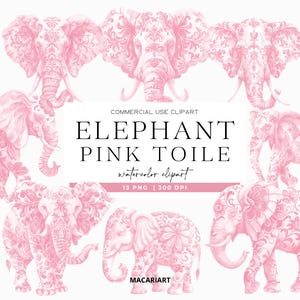 Toile rose éléphant Clipart aquarelle Chinoiserie Toile de Jouy animaux de la jungle Safari toile rose Clipart baby shower éléphant rose PNG
