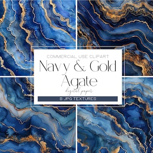 Navy and Gold Agate Alcohol Ink Stone Textures Watercolor Geode PNG Agate Texture With Gold Veins Luxury Digital Background Geode Scrapbook