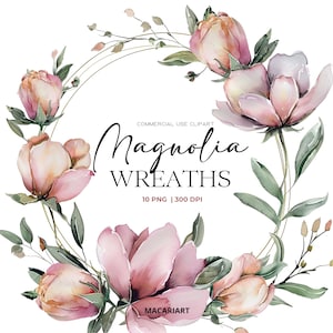 Magnolia Wreath Clipart Magnolia Blossom White Flower Clipart Magnolia Leaves Floral Watercolor Clip Art Flower Wreath Botanical Art Wedding