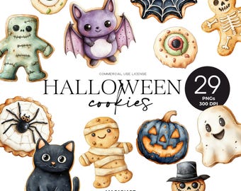 かわいいハロウィンクッキークリップアート ハロウィンパーティー デザート 食べ物 シュガークッキー 水彩画 ベーキングクッキー クモ PNG ハロウィンスイーツ トリックオアトリート