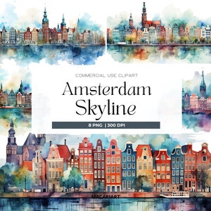 Acuarela Amsterdam Clipart Casas holandesas Png Horizonte de Amsterdam Holanda Clipart Clipart de viajes Descarga digital Álbum de recortes Diario basura