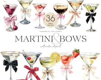 May include: A watercolour illustration featuring a collection of martini glasses, each with a unique garnish such as cherries and olives. The glasses are decorated with bows. The image includes the text "MARTINI & BOWS watercolor clipart".