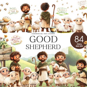Pode incluir: Uma ilustração digital com um pastor com ovelhas, uma lanterna e o texto "Good Shepherd". A imagem tem um tema pastoral com uma paleta de cores quentes e inclui o texto "84 PNGs 300 DPI".