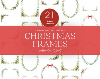 Christmas Frame Clipart, Watercolor Holiday Border, Winter Greenery Wreath, Christmas Botanical Frame