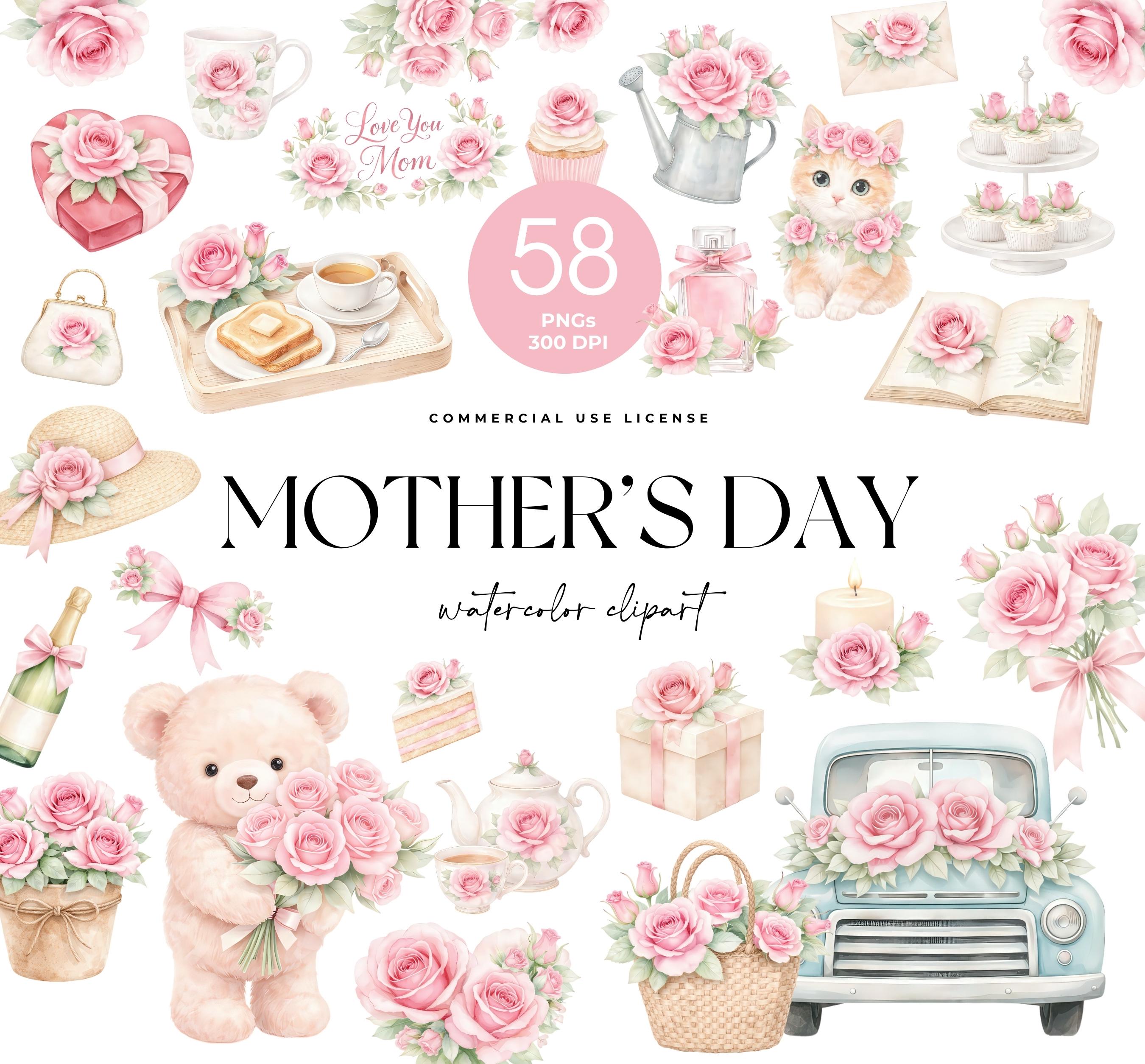 Mothers Day Clipart, Watercolor Pink Roses, Mom Card Illustrations ...