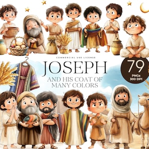 May include: Digital illustration featuring cartoon characters in biblical attire. The image includes the text "JOSEPH AND HIS COAT OF MANY COLORS" and a graphic indicating 79 PNGs at 300 DPI. The characters are depicted with various expressions and poses.