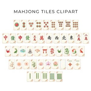 May include: A collection of Mahjong tiles with various symbols and characters, including red circles, Chinese characters, and floral accents. The text "MAHJONG TILES CLIPART" is at the top.