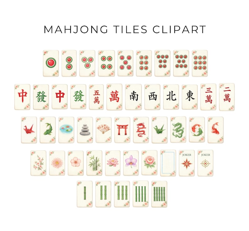 May include: A collection of Mahjong tiles with various symbols and characters, including red circles, Chinese characters, and floral accents. The text "MAHJONG TILES CLIPART" is at the top.