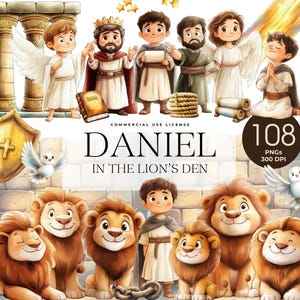 May include: A digital illustration featuring the text "DANIEL IN THE LION'S DEN" with cartoon characters and lions. The image includes angels, a shield, and a bible. The color palette is warm, with gold, brown, and beige tones.
