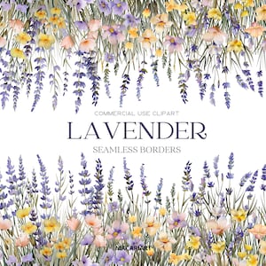 Clipart de bordes de lavanda, bordes florales de acuarela, borde sin costuras de flores silvestres, clipart de flores silvestres, clipart de boda, bordes florales digitales
