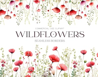 Wildflowers Borders Clipart Floral Watercolor Borders Flowers Seamless Border Wild Floral Clipart Wedding Clipart Floral Borders Digital