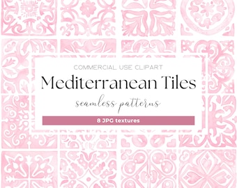 Mediterranean Tile Watercolor Portuguese Azulejo Ceramic Tiles Pink White Italian Tile Pattern Digital Paper Italian Wedding Junk Journal