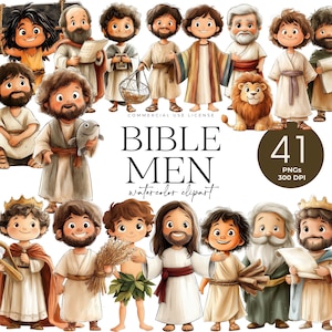 Puede incluir: Conjunto de imágenes prediseñadas de acuarela con ilustraciones de hombres de la Biblia. La imagen incluye varios personajes con vestimenta tradicional, con un león y el texto "BIBLE MEN watercolor clipart" y "41 PNGs 300 DPI".