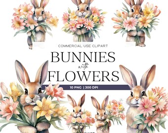 Watercolor Bunny with Flowers Clipart Pack Nursery Spring Clipart Easter Bunny Easter Clipart Transparent Pngs Floral Clipart Commercial Use