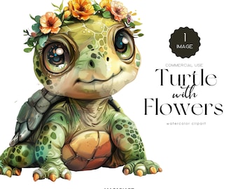 Baby Turtle With Flowers Clipart Watercolor Floral Cute Baby Turtle Party Invitation Nursery Decor Turtle PNG Floral Sea Life Clip Art