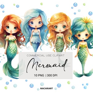 Mermaid Watercolor Clipart Pack, Mermaid Png, Little Mermaid Clipart, Under The Sea Clipart, Clip Art For Commercial Use, Transparent PNGs