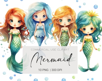 Paquete de imágenes prediseñadas de acuarela de sirena, imágenes prediseñadas de sirena, imágenes prediseñadas de la Sirenita, imágenes prediseñadas bajo el mar, imágenes prediseñadas para uso comercial, imágenes PNG transparentes