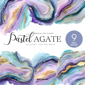 Op de afbeelding: Negen digitale clipart-afbeeldingen van pastelkleurige agaat-alcohol-inktranden. De randen zijn in tinten paars, blauw en goud. De tekst "Pastel Agate" en "alcohol-inktranden" is opgenomen in de afbeelding.
