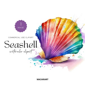 May include: A watercolour painting of a seashell with a rainbow colour scheme. The seashell is painted in shades of purple, blue, green, yellow, orange, and red. The background is a light blue watercolour wash with white splatters.