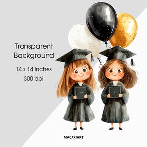 May include: Two watercolor illustrations of girls wearing graduation caps and gowns. They are holding diplomas and smiling. The background is a light gray with balloons in the top right corner.