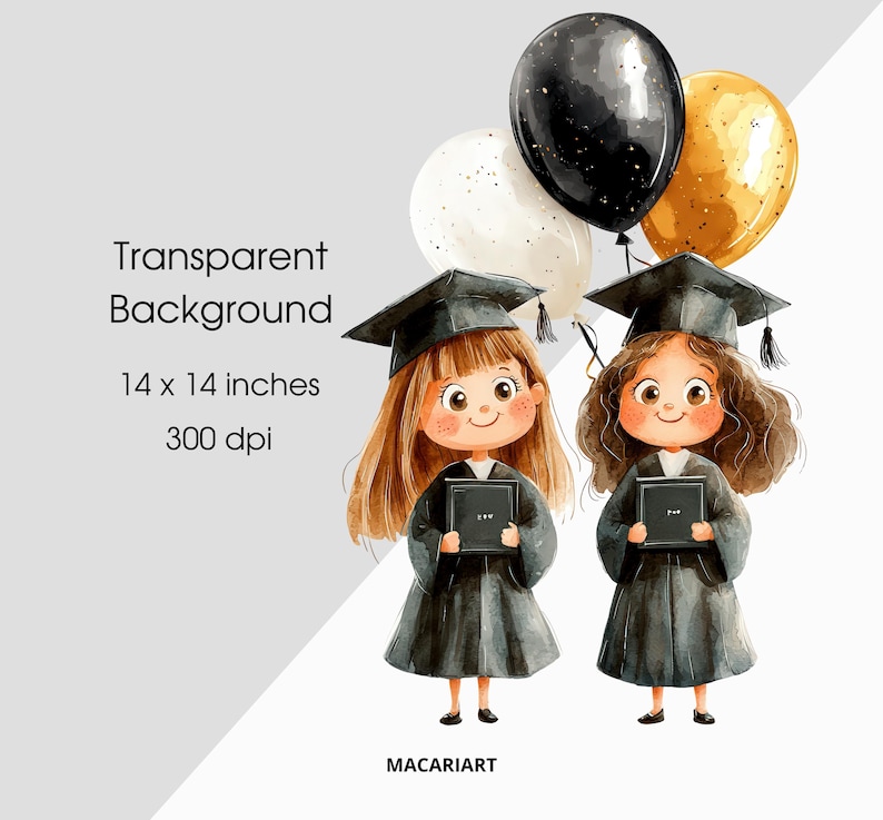 May include: Two watercolor illustrations of girls wearing graduation caps and gowns. They are holding diplomas and smiling. The background is a light gray with balloons in the top right corner.