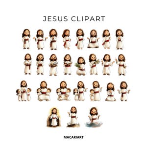 May include: A collection of cartoon Jesus clipart illustrations. Each figure is depicted with brown hair, a white robe, and a red sash. Some figures hold objects like children, a lamb, or a book. The text "JESUS CLIPART" is at the top.