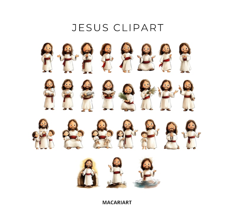 May include: A collection of cartoon Jesus clipart illustrations. Each figure is depicted with brown hair, a white robe, and a red sash. Some figures hold objects like children, a lamb, or a book. The text "JESUS CLIPART" is at the top.