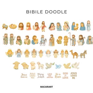 May include: Watercolor illustrations of biblical figures and symbols, including Jesus, Mary, angels, and doves. The text "BIBILE DOODLE" is at the top, with phrases like "Jesus loves me" and "God is love" at the bottom. The illustrations are in soft, muted colors.