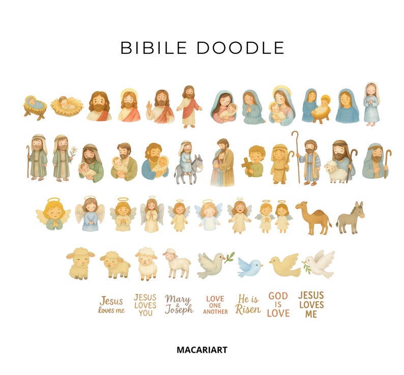 May include: Watercolor illustrations of biblical figures and symbols, including Jesus, Mary, angels, and doves. The text "BIBILE DOODLE" is at the top, with phrases like "Jesus loves me" and "God is love" at the bottom. The illustrations are in soft, muted colors.