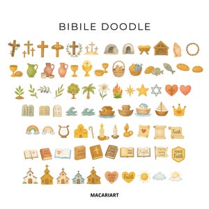 May include: Watercolor illustrations of religious symbols and objects, including crosses, chalices, churches, and open books. The text "BIBILE DOODLE" is at the top, with "MACARIART" at the bottom. The images are in soft, muted colors.