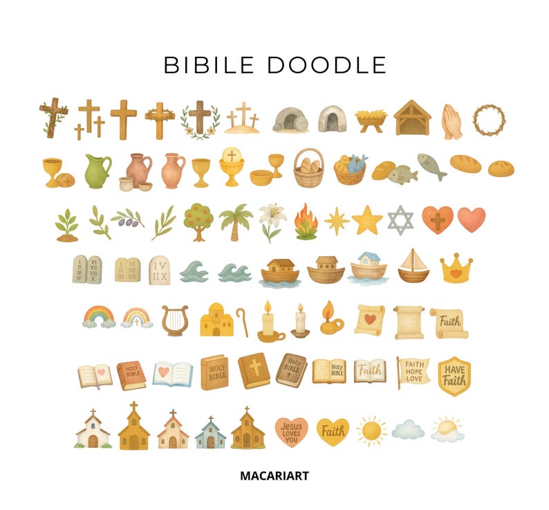 May include: Watercolor illustrations of religious symbols and objects, including crosses, chalices, churches, and open books. The text "BIBILE DOODLE" is at the top, with "MACARIART" at the bottom. The images are in soft, muted colors.