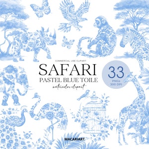 Blue Safari Toile Clipart Acquerello Cineserie Animali della giungla Baby Shower Toile De Jouy Clip Art Uso commerciale Png Download digitale